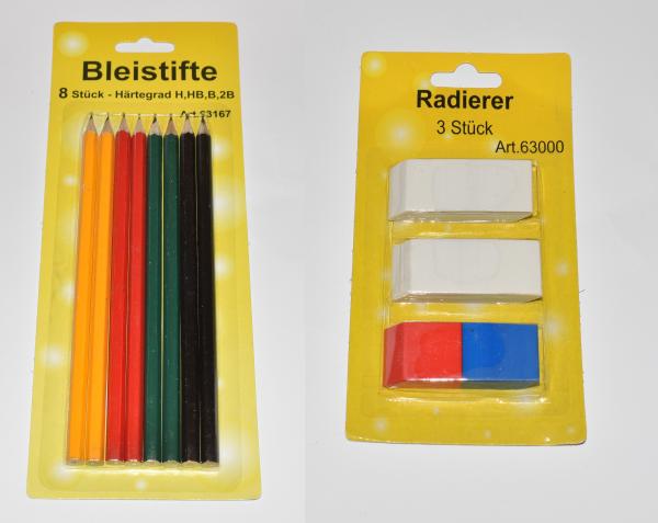 8 Bleistifte H | HB | B | 2B gespitzt + 3 Radiergummi